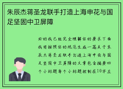 朱辰杰蒋圣龙联手打造上海申花与国足坚固中卫屏障 朱辰杰蒋圣龙联手打造上海申花与国足坚固中卫屏障
